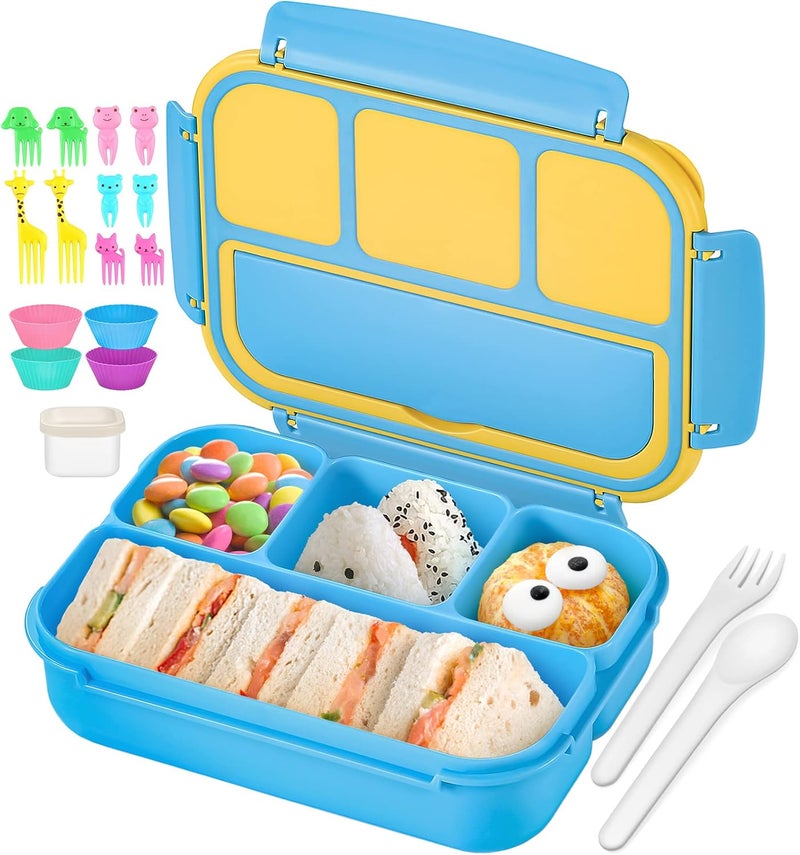 QQKO Bento Lunch Box for Kids Girls Boys, Toddler Kids Lunch Boxes for School, Lunch Containers for Adults with 4 Compartments, Sauce Container, Utensils, Food Picks and Muffin Cups, Blue - Image 1